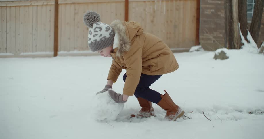 Girl with gray wooly hat gloves brown coat and a pair of boots makes snowball in the garden