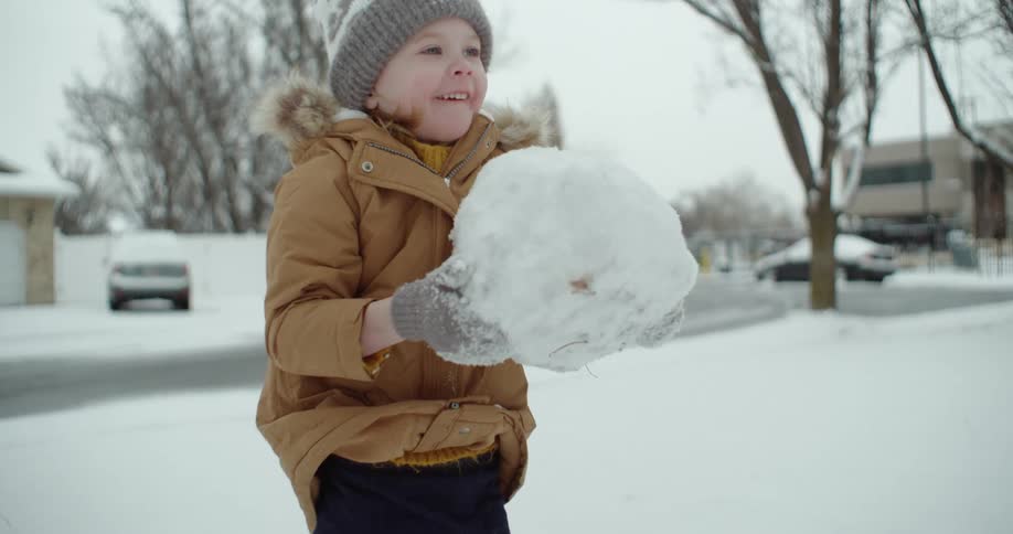 Girl with gray wooly hat gloves brown coat a pair of boots and black pants makes snowball in the neighborhood
