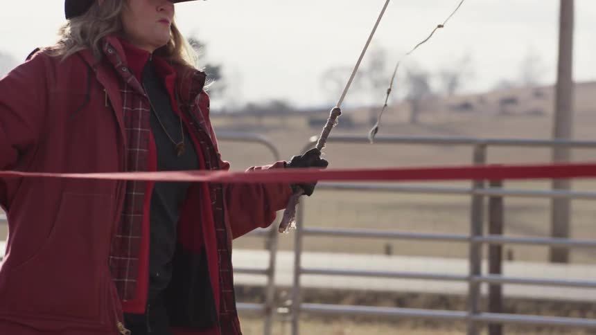 A woman works with a horse on a tether in a pen outside