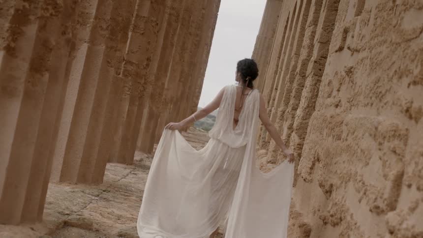 A woman holds the hem of her white dress as she walks among ancient columns