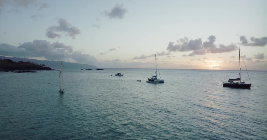 An aerial view of sailboats floating on a coast at sunset