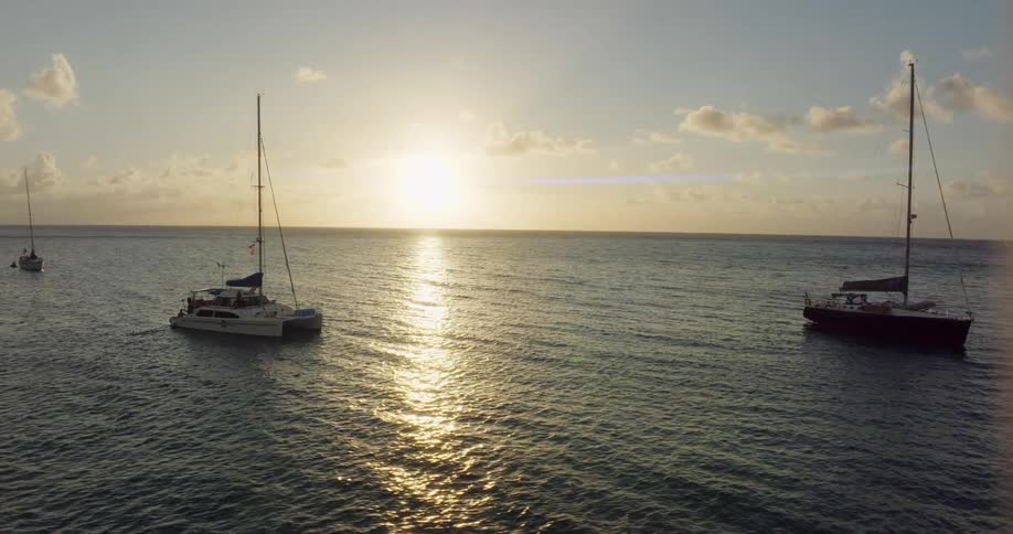 Sailboats loiter in the ocean just off the coast during the day
