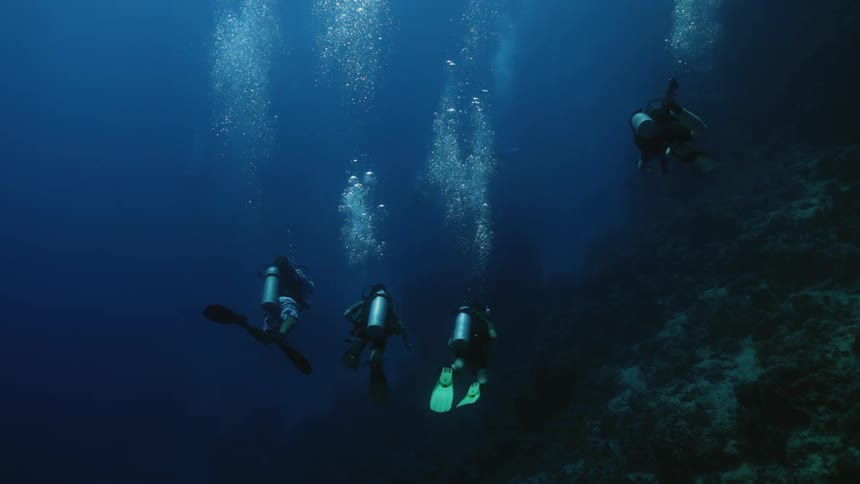 Four people are scuba diving together