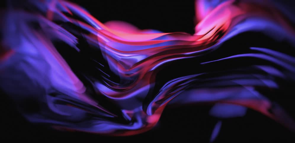 Sleek layers flow in blues and red against a black background