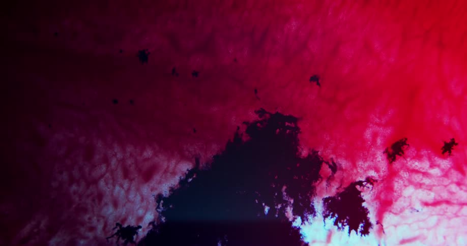Red and black blobs of bright liquid ink floating and static
