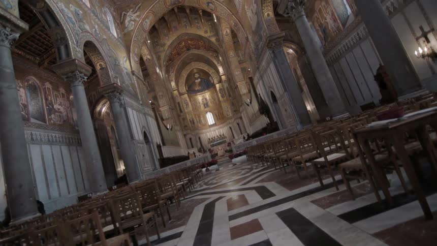 The marbled floor of an ornate cathedral