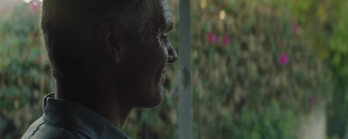 Pensive man wearing blue shirt looks down and smiles slightly in living room next to windows overlooking street