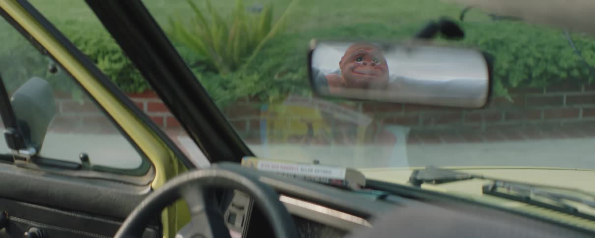 Weird whimsical statue reflecting on the rearview mirror of a car parked in the driveway