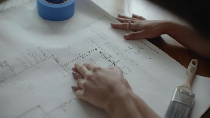 Young couple holding hands over a floor plan on the table