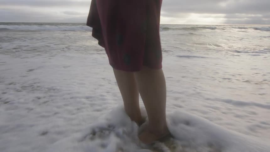 Waves wash onto a womans ankles while she stands on the beach