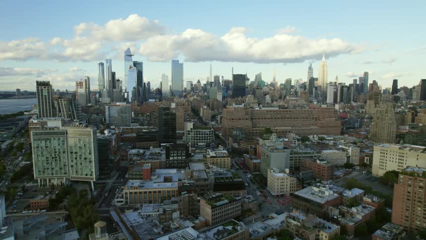 An aerial view of office buildings in a city