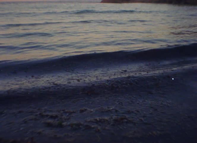 Waves rolling towards the shore in the ocean as the sun sets