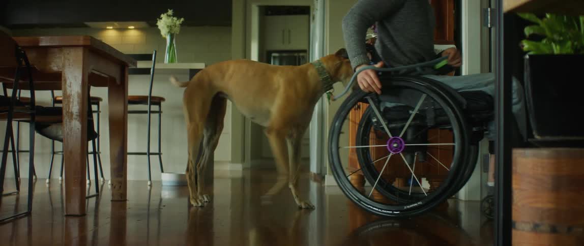 A woman is petting her dog in her house