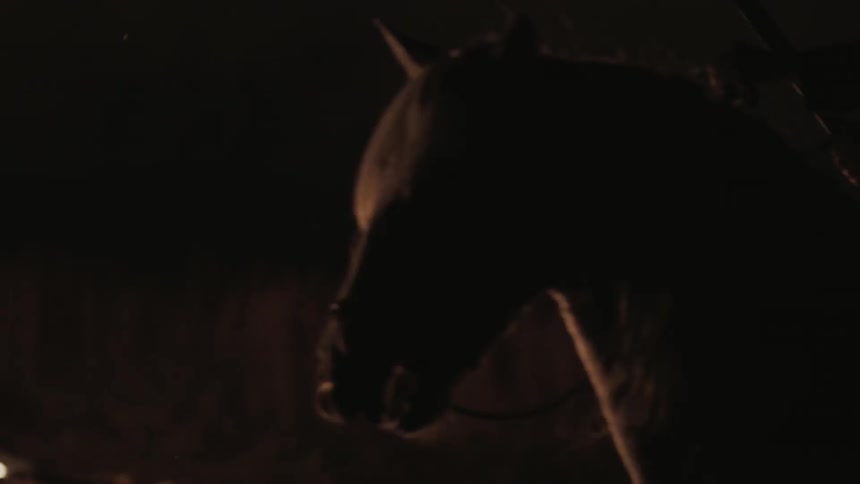 A person rides a horse in a dark area