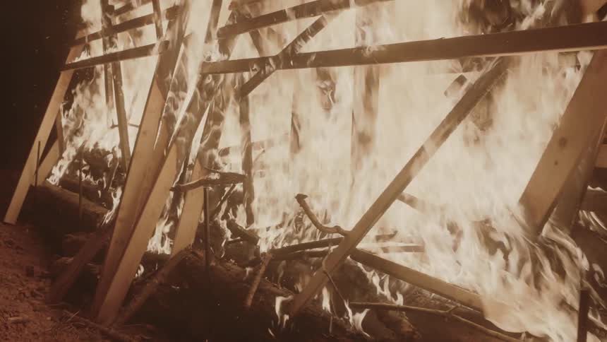 A burning wooden fence