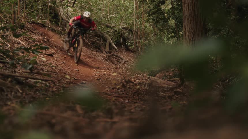 A man riding a mountain bike and popping a wheelie in a forest
