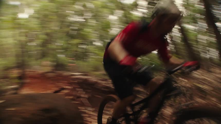 A boy rides his bicycle on a dirt trail and over ramp into the woods