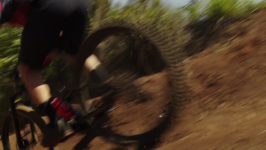 A person mountain bikes down a dirt hill