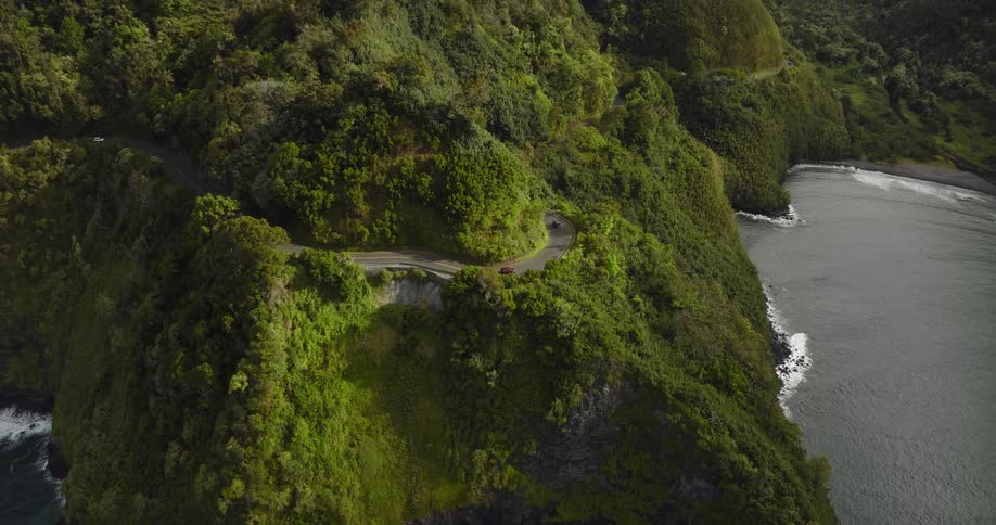 Lush greenery and hills are shown from an aerial view in the sky and some cars and driving down a road