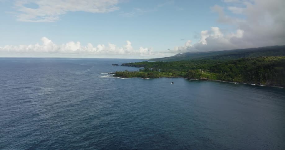 The forested coastline of a landmass during the day