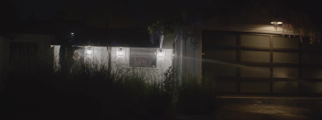 A person stands outside their house at night and hoses down something relatively far away in their driveway