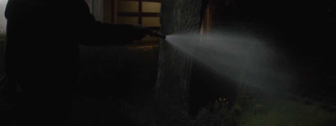 A man waters his front lawn at night