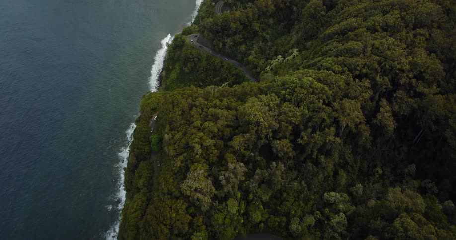 An aerial view of a lake and mountains covered in greenery is shown with cars driving on a long road running through the scene