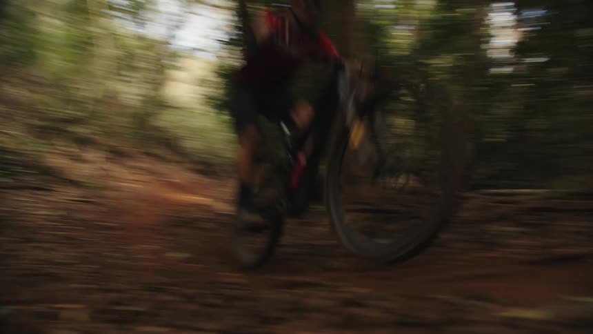 Cyclist rides dirt bike along dirt trail through forest strewn with fallen leaves