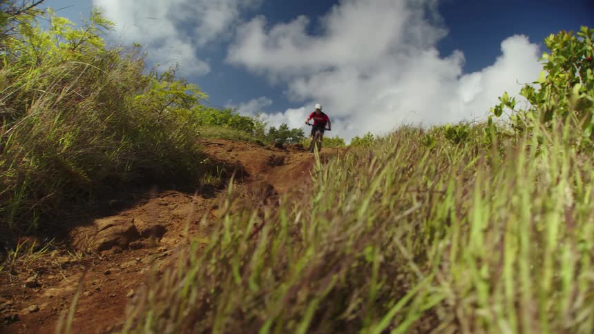A person mountain bikes down a dirt trail