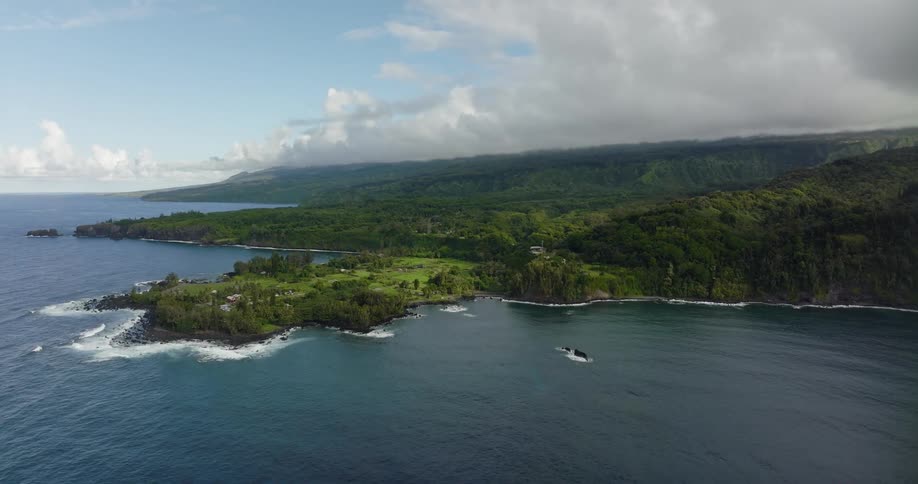 The forested coastline of a land mass during the day