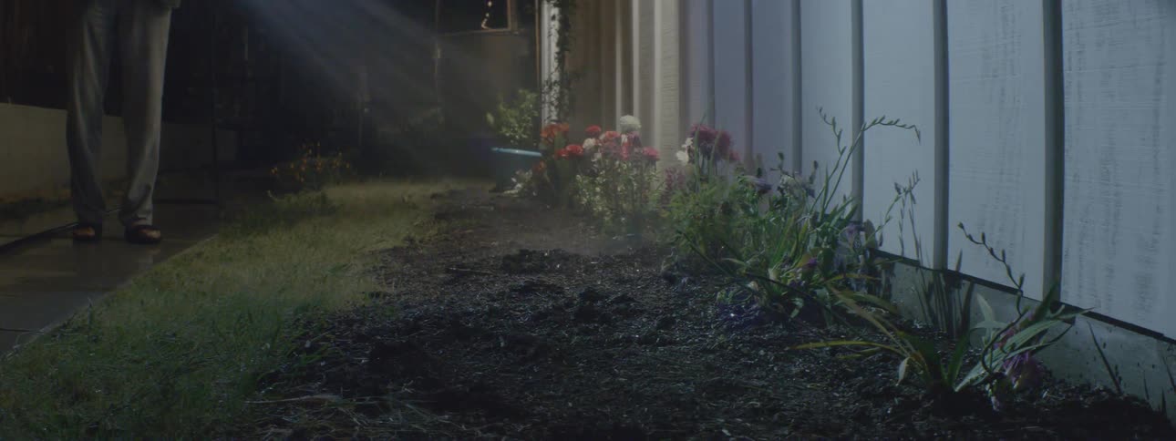 A man is walking around his house at night with a garden hose watering plants and flowers