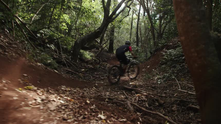 A teenager on a mountain bike is riding fast on an embankment in the woods