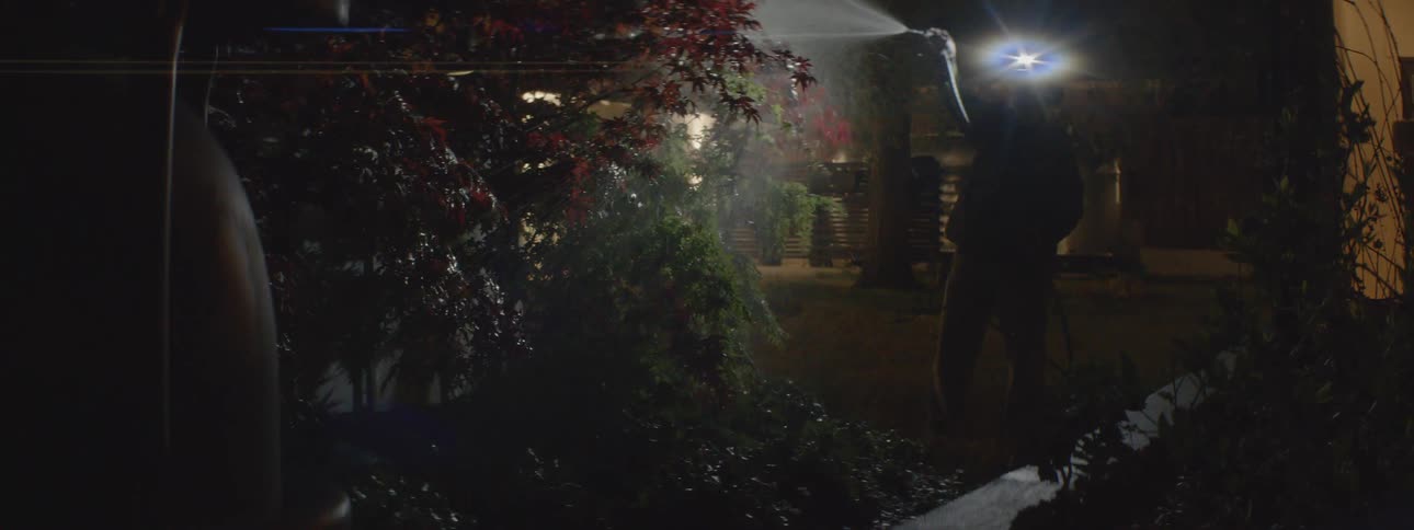 A man is standing outside of his house at night with a garden hose watering plants and flowers
