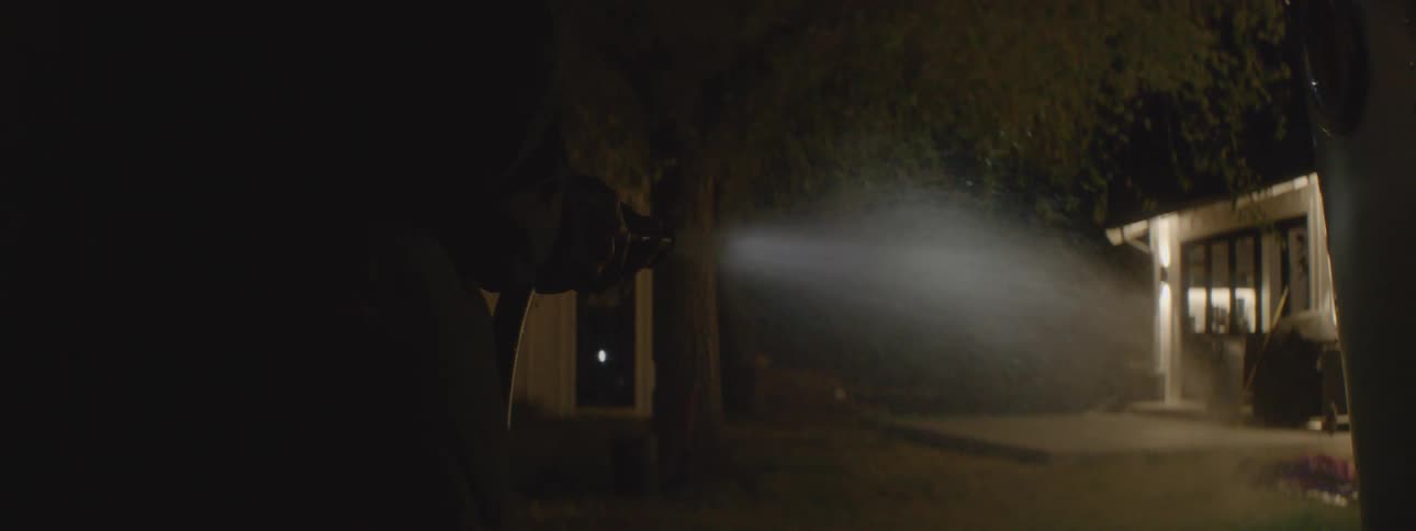 A man is standing outside of his house at night with a garden hose watering plants