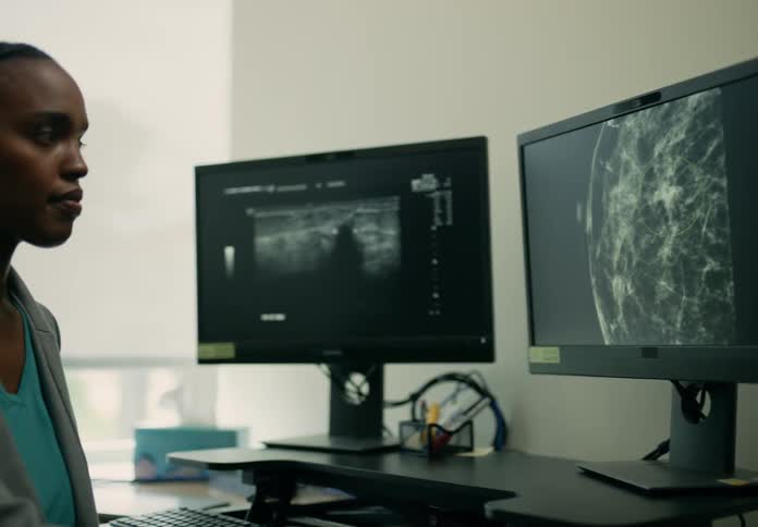 A doctor turns to speak from behind her desk