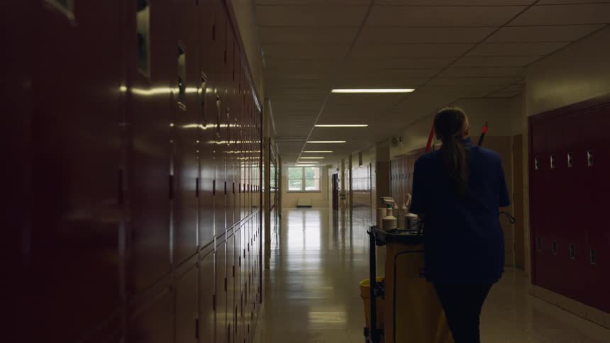A woman janitor walking in a hallway
