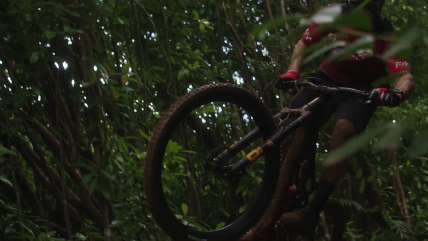 A boy rides his bicycle on a trail in the woods and flies into the air when he goes up a hill