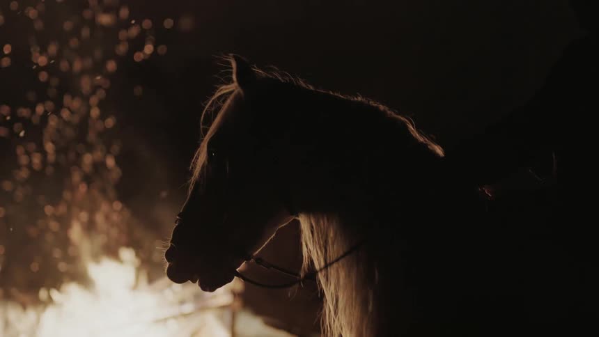 A horse with a rider jerks its head as it stands near flames and sparks