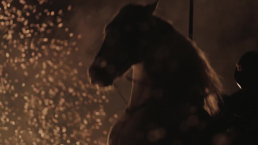 A horse rears in front of a fire