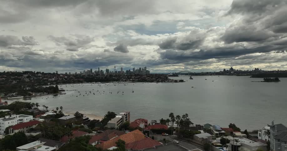 Aerial view of a neighborhood on the hills in front of the skyline of a coastal city on an overcast day