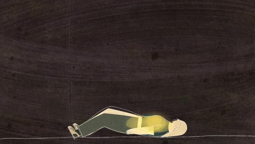 A cartoon of a woman lying on the ground and six strange beings looking over her and a gold drop falls and covers her then she rises in the air