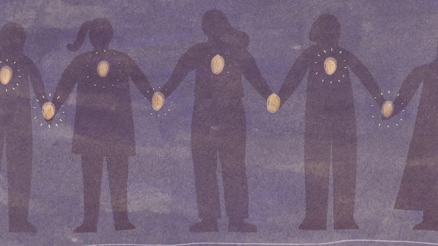 Animated footage of a woman walking and then joining hands with others and all their chests light up and then a heart is passed between two hands