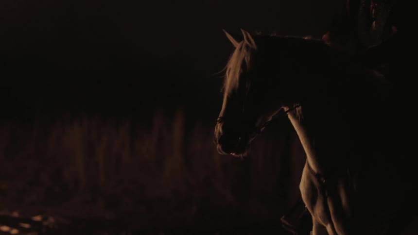 A person rides a horse by a fire at night