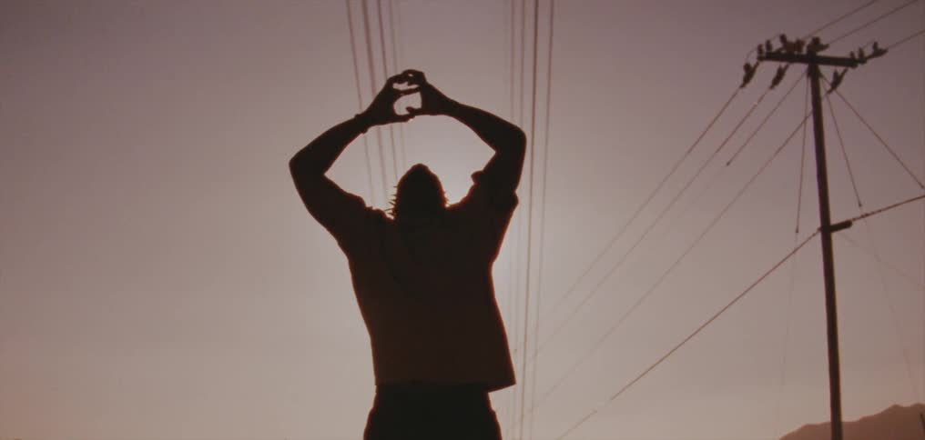 A man stands beside utility poles and lifts his hands over his head and then to his sides