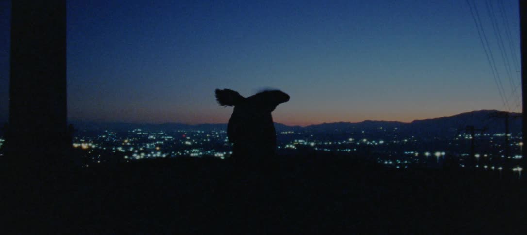 A man dances in front of a city skyline at night