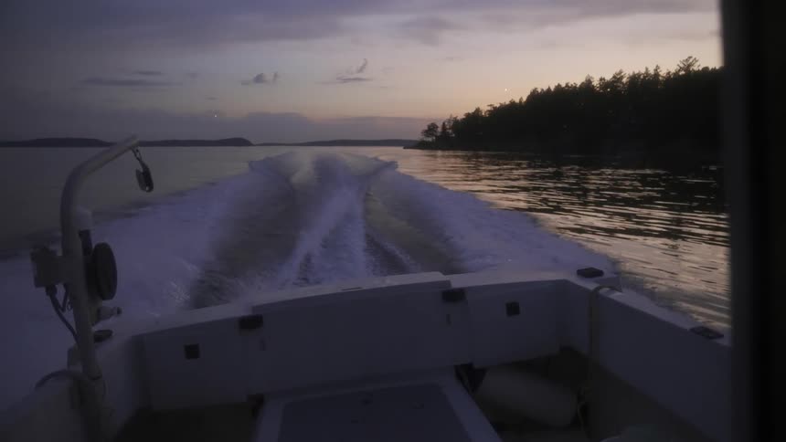 Boat sailing on a lake near a forest on the coast at sunset