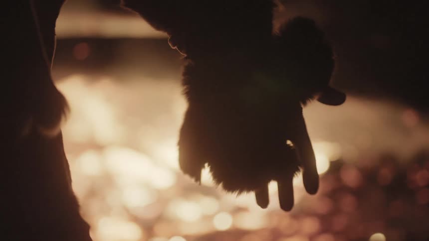 A man is next to a fire and begins to raise his hands