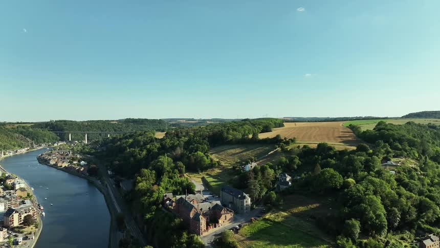 Aerial view of river and buildings on river bank