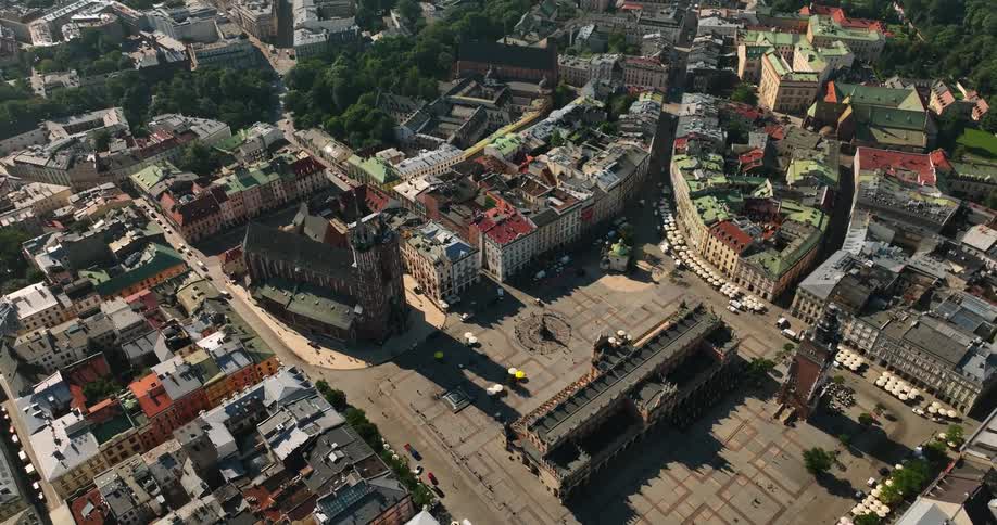 Aerial view of the buildings and streets on an european city square