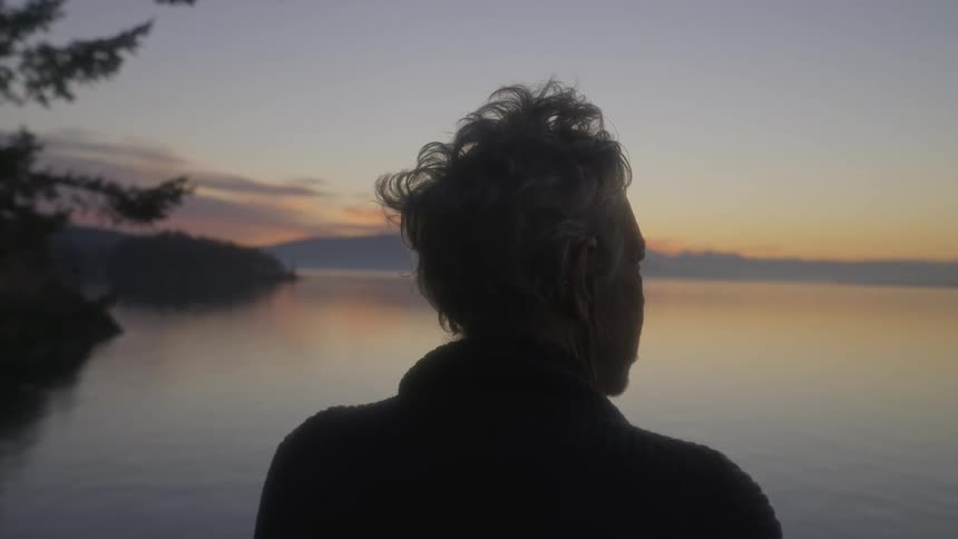 An elderly person stands on the shore and looks at the water